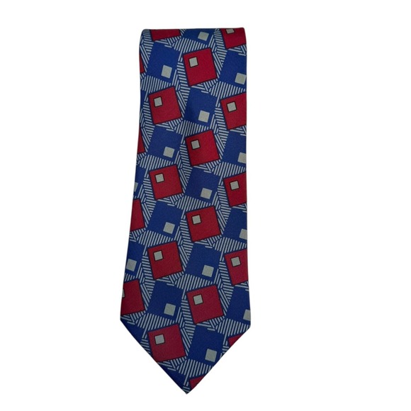 Silk Necktie Geometric Squares Pattern Blue Red USA Made Business Casual B14Q - Picture 1 of 5